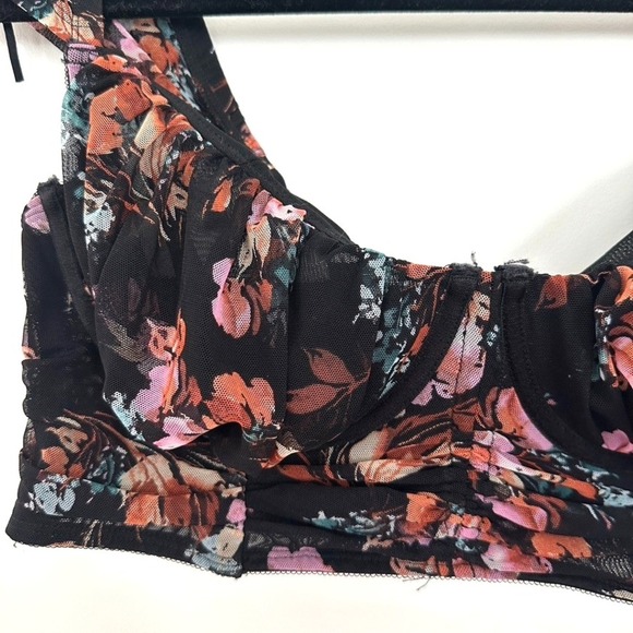 Torrid Curve Longline Bralette XL Floral Black Cap Sleeve Drawstring Mesh Bow - Picture 2 of 7